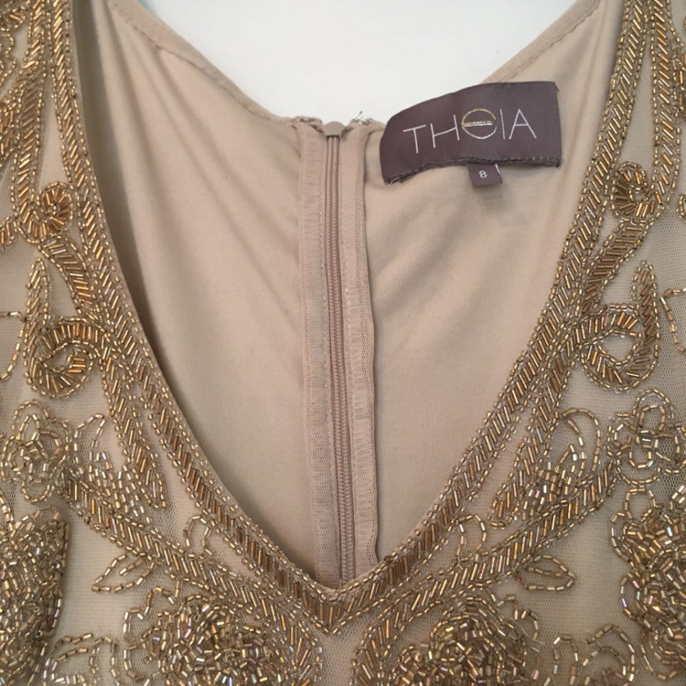 Theia Ochre Gold Beaded Cap Sleeve V-Neck Full Length Gown Evening Dress, Size 8 - Picture 6 of 11
